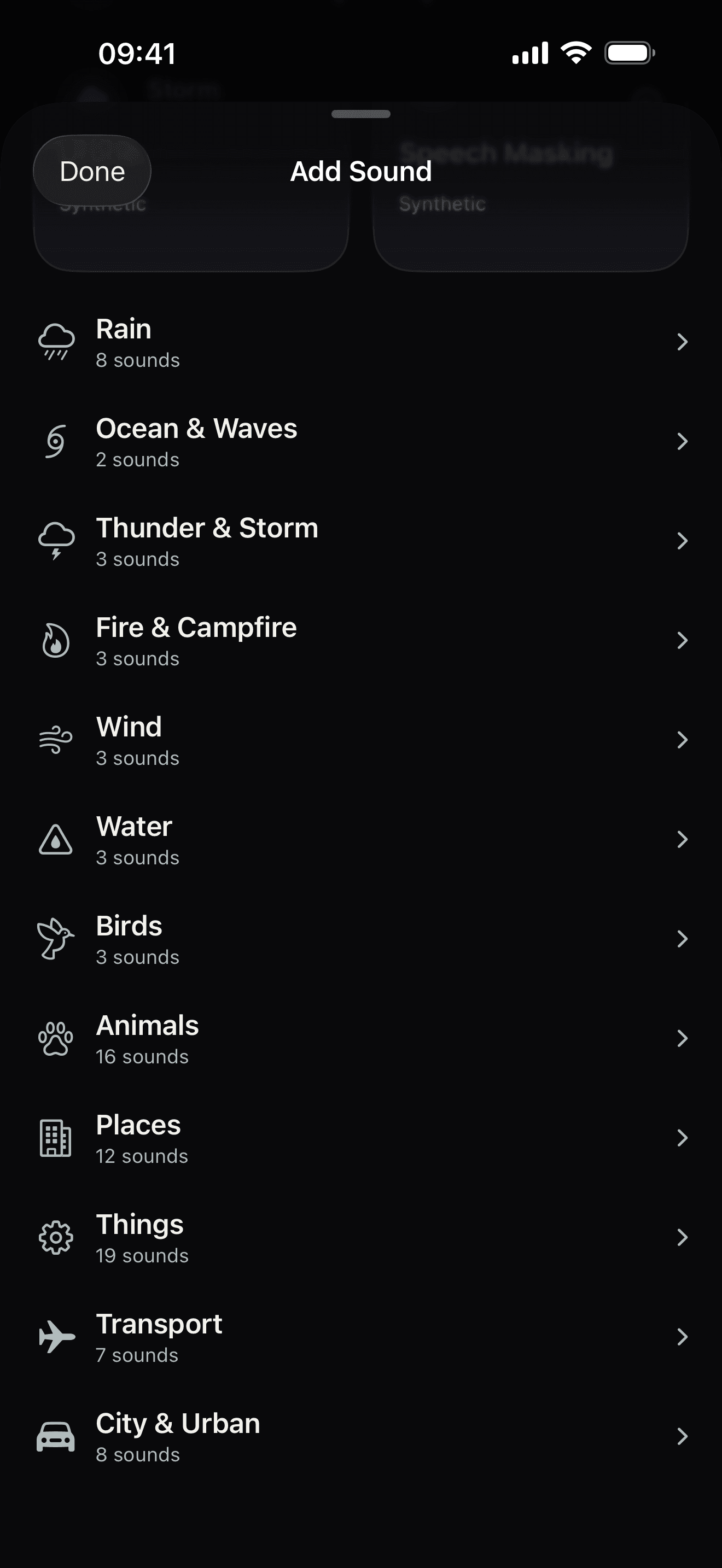 Hush ambient sound library organized into rain, ocean, fire, nature, and city categories
